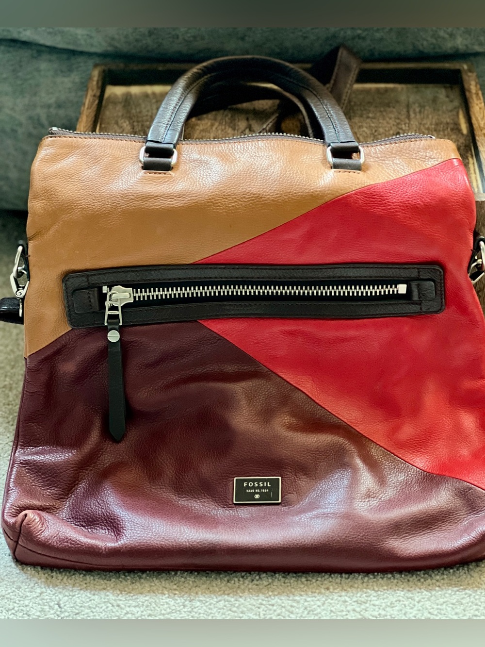 Fossil Colorblock Leather Satchel Crossbody Bag Burgundy Red Tan Large